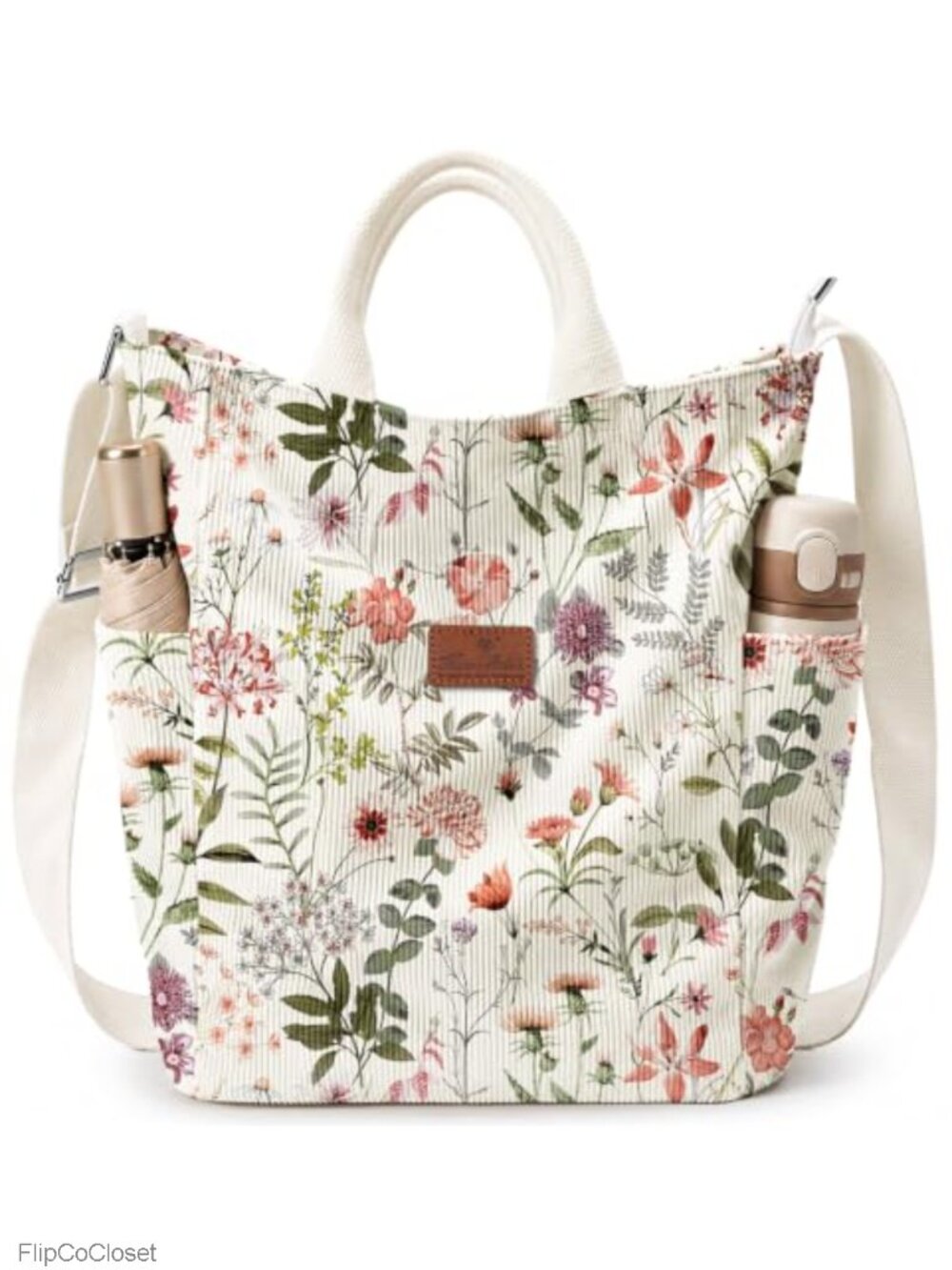 Miss Adola Large Corduroy Crossbody Tote Bag Floral Print Zipper Shoulder Bag